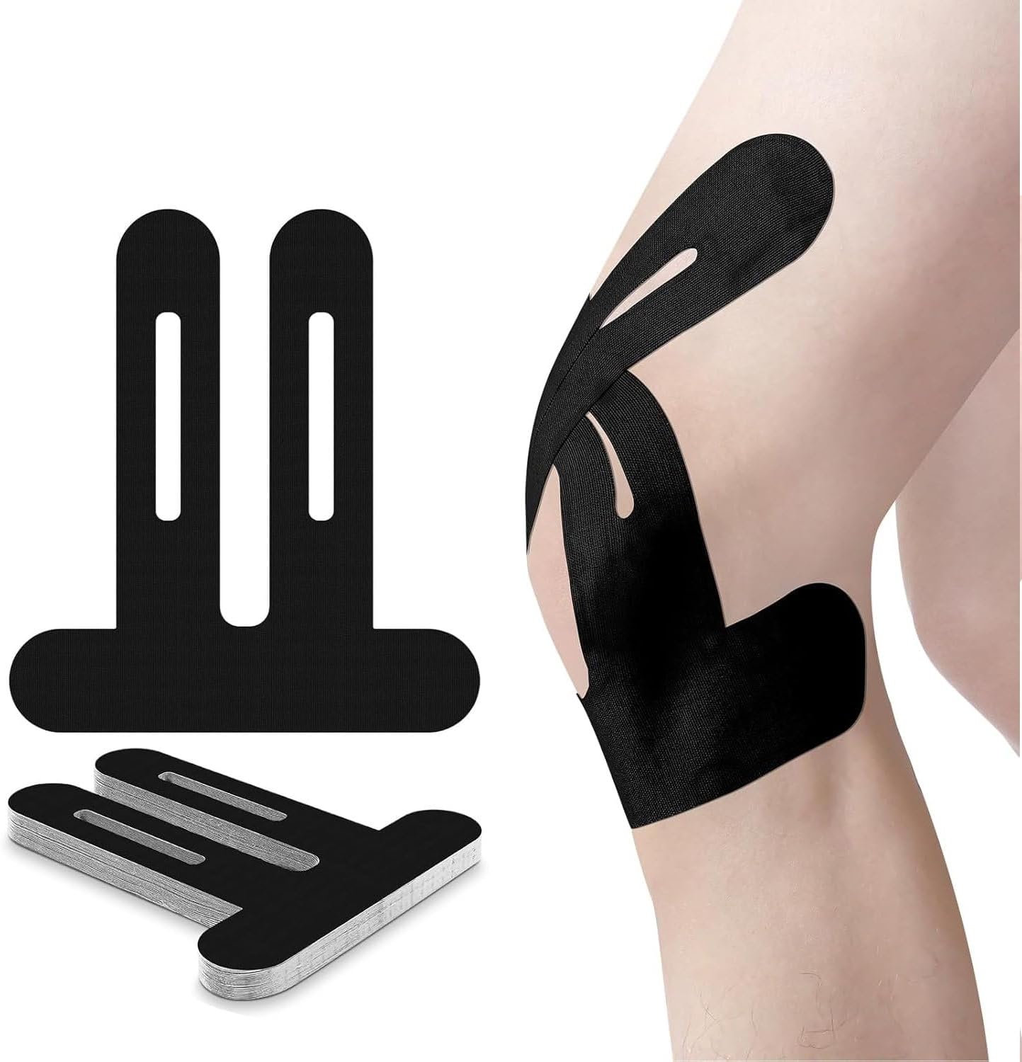 Okopai Precut Kinesiology Tape for Knees, 10 Pcs - Knee Support & Stability, Knee Pain Relief Athletic Tape - Waterproof & Elastic, Breathable Hypoallergenic Latex-Free Tape, Black