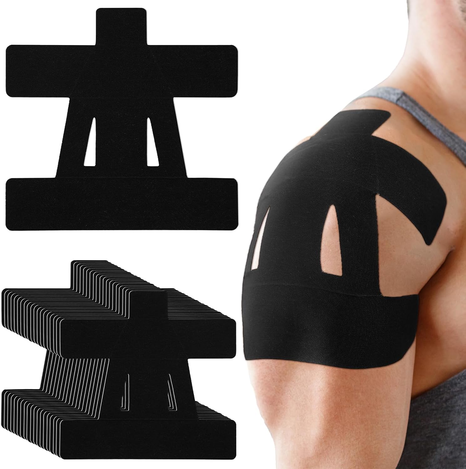 Okopai 20 Count Kinesiology Tape for Shoulder Pain Relief Pre Cut Sports Waterproof Breathable Enhance Elastic Kinesiology Athletic Tape for Shoulder Support and Muscle Baseball Sports(Black)